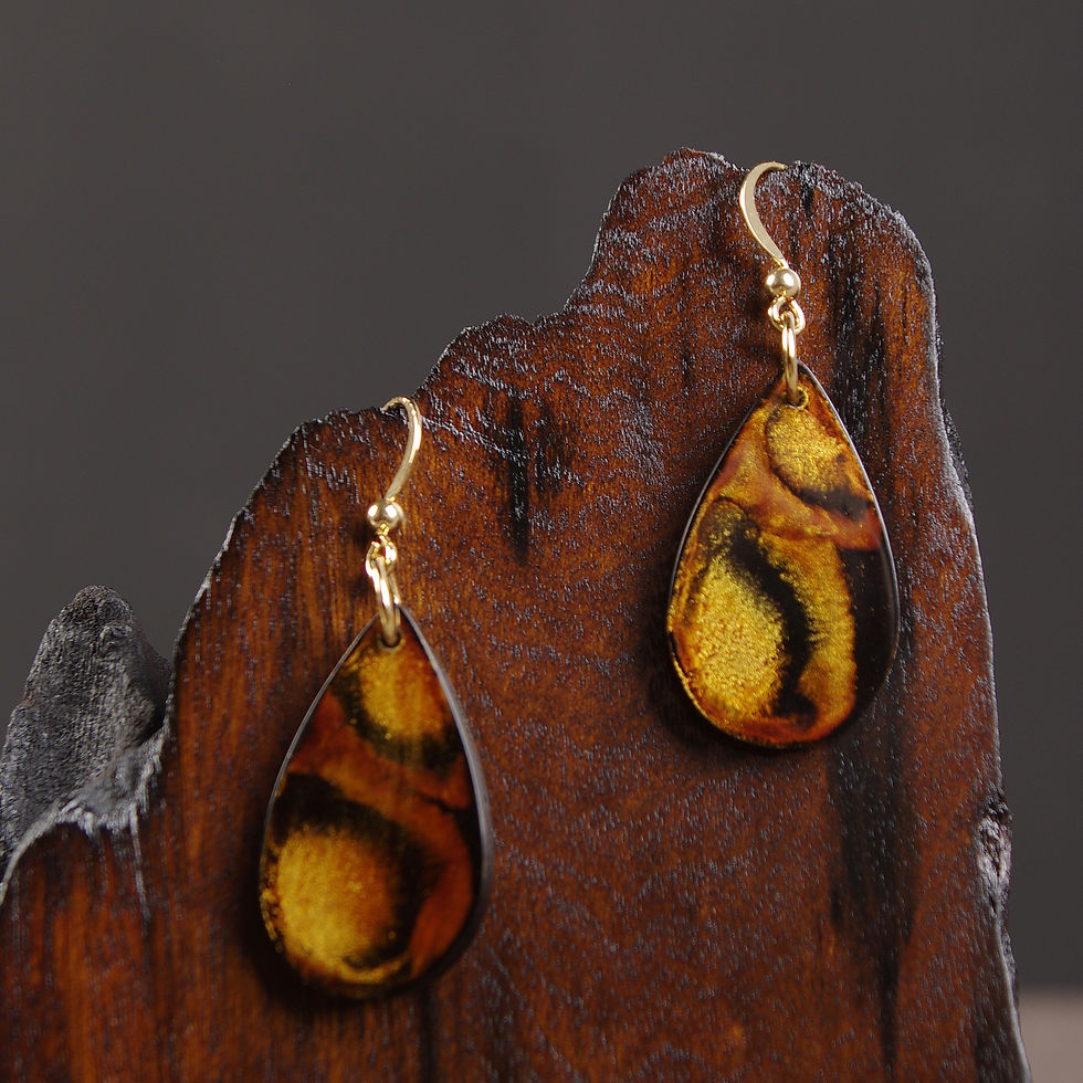 Thumbnail: Teardrop dangle earrings with Flowing Gold lacquer pattern, warm amber and black