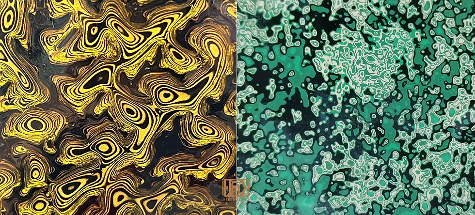 Side-by-side comparison of rhino skin lacquer textures: Chong Series with bold gold and black rings, Yi Series with fine green and white patterns