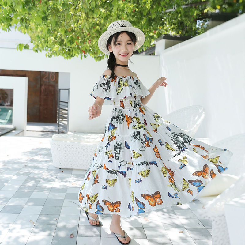 Thumbnail: Girls' Bohemian Floral Butterfly Cotton Maxi Dress