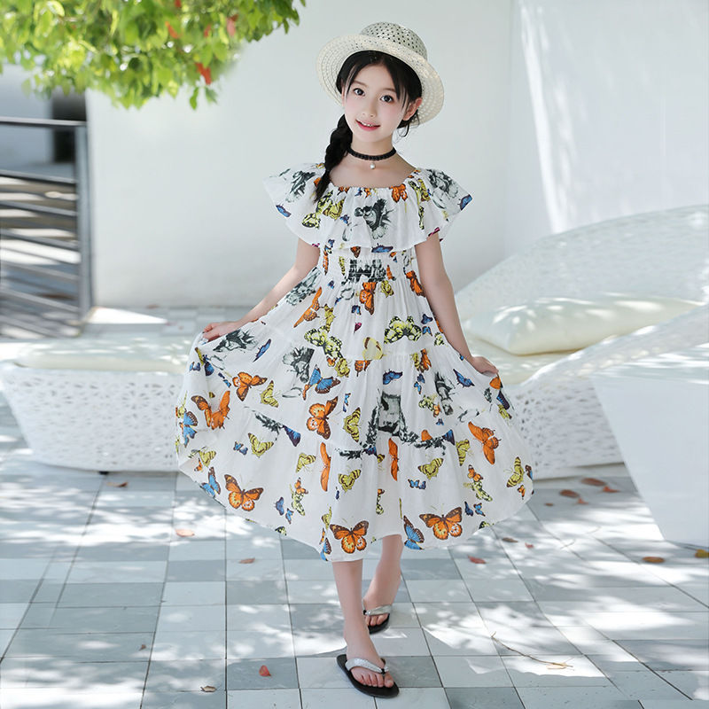 Girls' Bohemian Floral Butterfly Cotton Maxi Dress