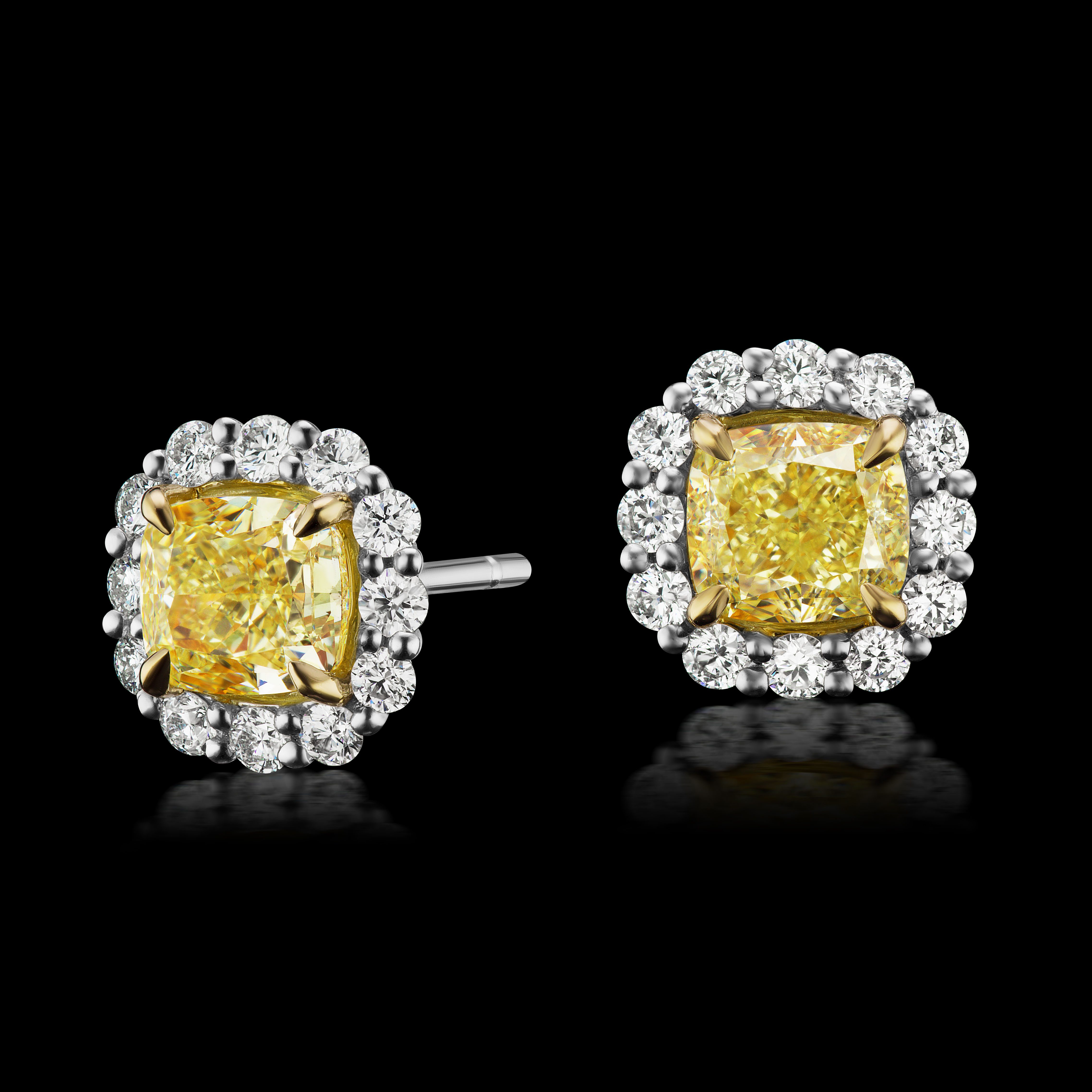 Natural Fancy Yellow Cushion Diamond Earrings in 18K TT Gold ( 2.70 Ct. Tw. )