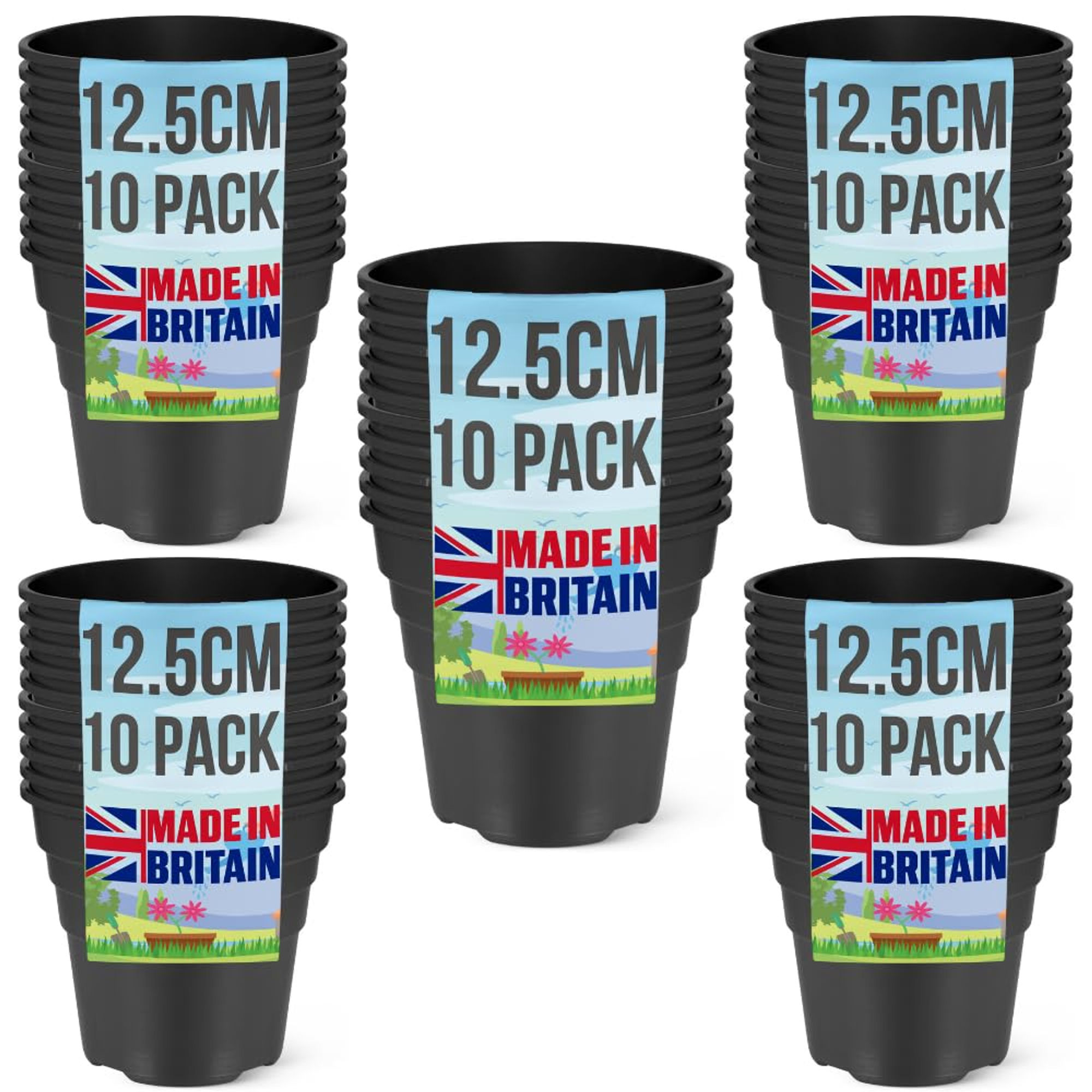 Happy Pots Black Plastic Plant Pot 12.5cm - 50 Pack - Made in UK
