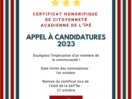 Appel à candidatures : Certificat honorifique de citoyenneté acadienne de l'Î.-P.-É. 2023