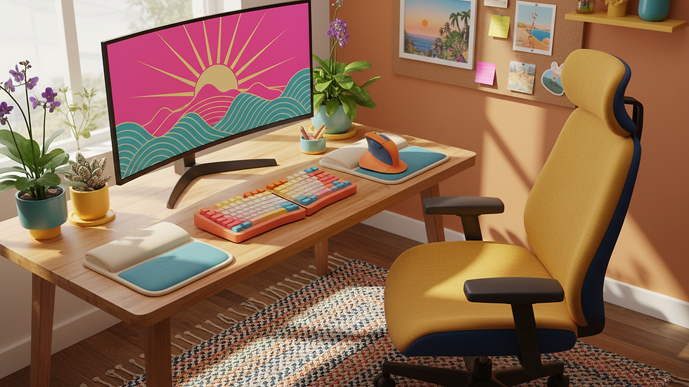 Eye-level view of ergonomic workstation setup with keyboard and mouse