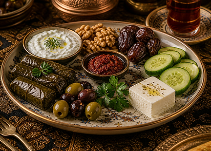 A Turkish meze platter featuring dolma, cacık, walnuts, dates, cucumber slices, feta cheese, olives, salça dip, and parsley, arranged on a decorative plate with tea in the background.