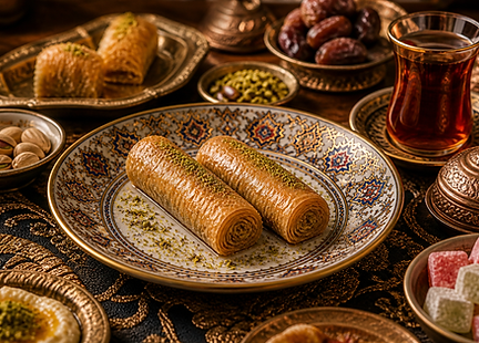 Two tightly rolled Turkish Lady Finger pastries on a decorative plate, lightly topped with pistachio and surrounded by traditional tea service and assorted Turkish foods.