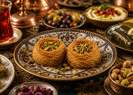 Pistachio-filled Bird’s Nest Kadayif pastries arranged on a decorative Turkish plate, surrounded by traditional tea service and assorted Turkish dishes on a styled table.