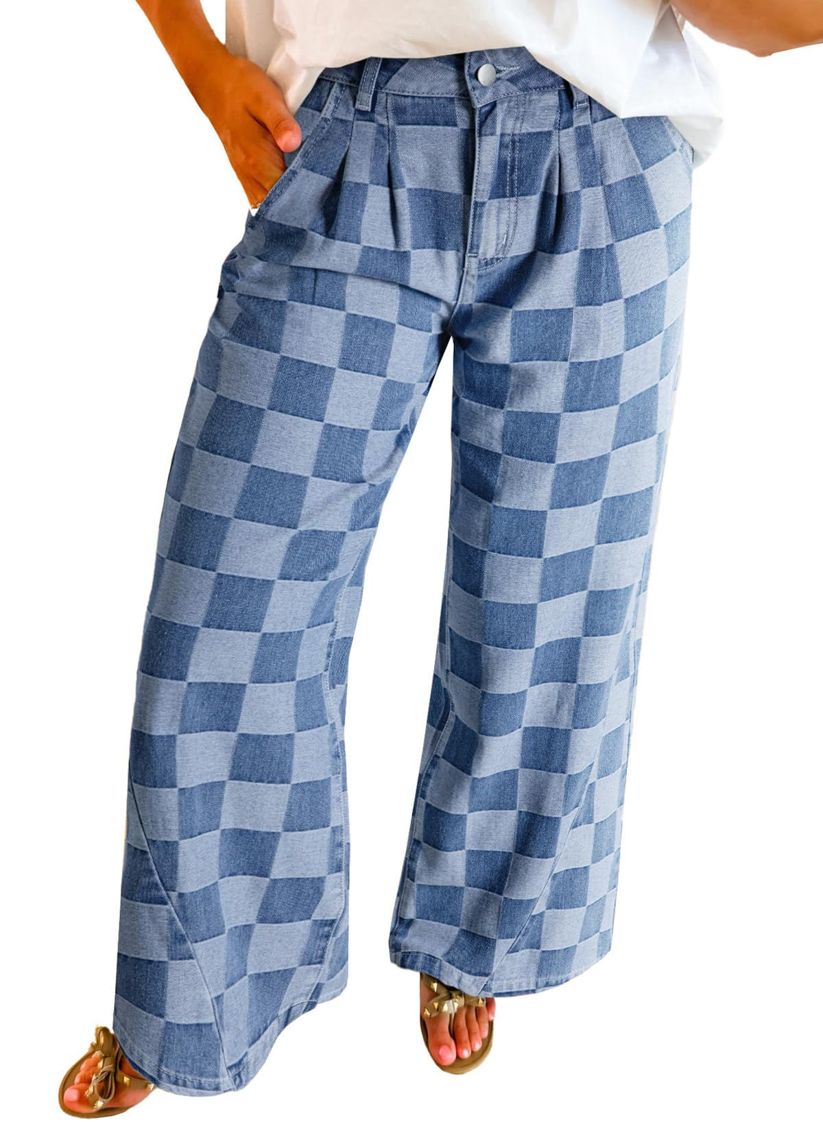 Womens Plaid Print Baggy Wide Leg Jeans High Waisted Straight Leg Denim Pants Ch