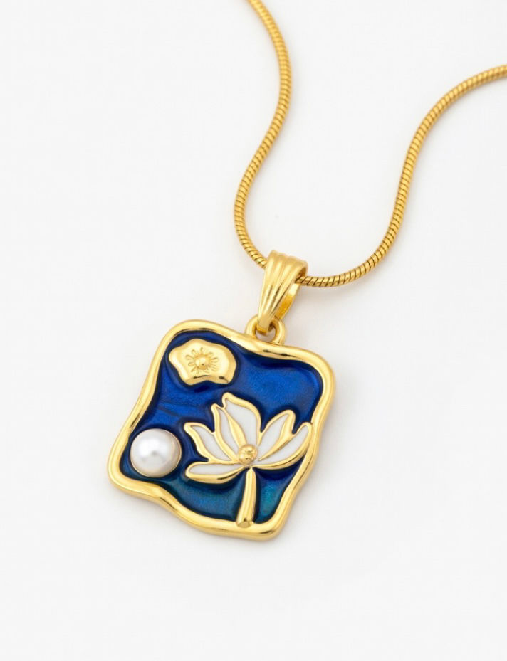 Golden Lotus Enamel Pearl Pendant Necklace