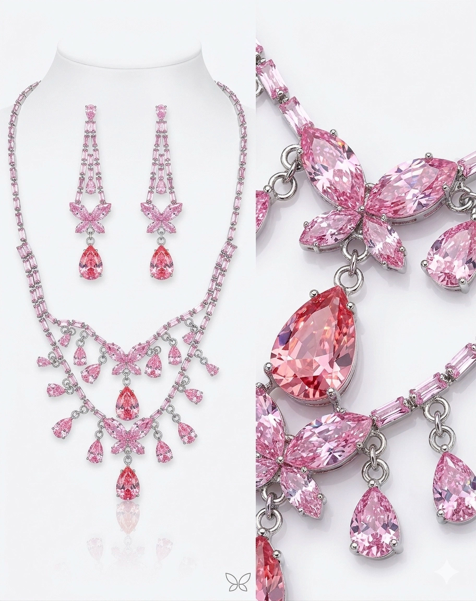 𝕿𝖎𝖆𝖗𝖆 1 OF 1 Pink Crystal Butterfly Chandelier Necklace and Earring set