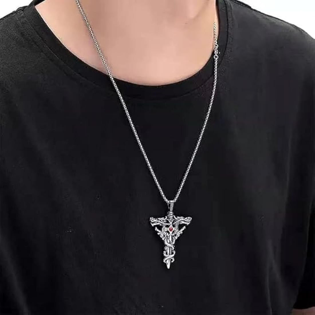 Double Dragon Sword Cross Pendant Necklace