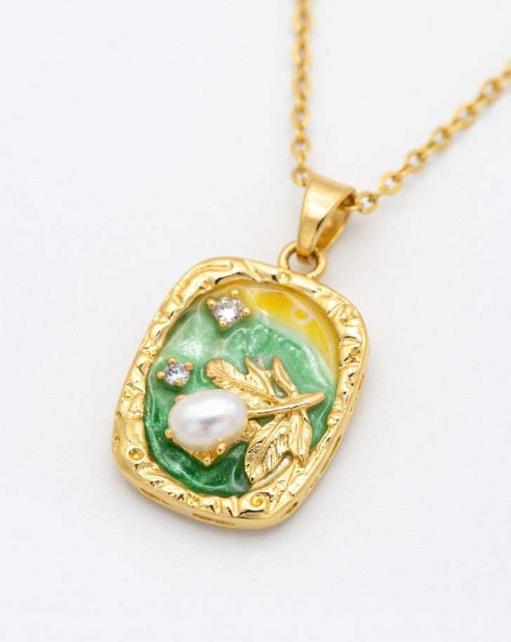 Green Enamel Pearl Nature Charm Pendant