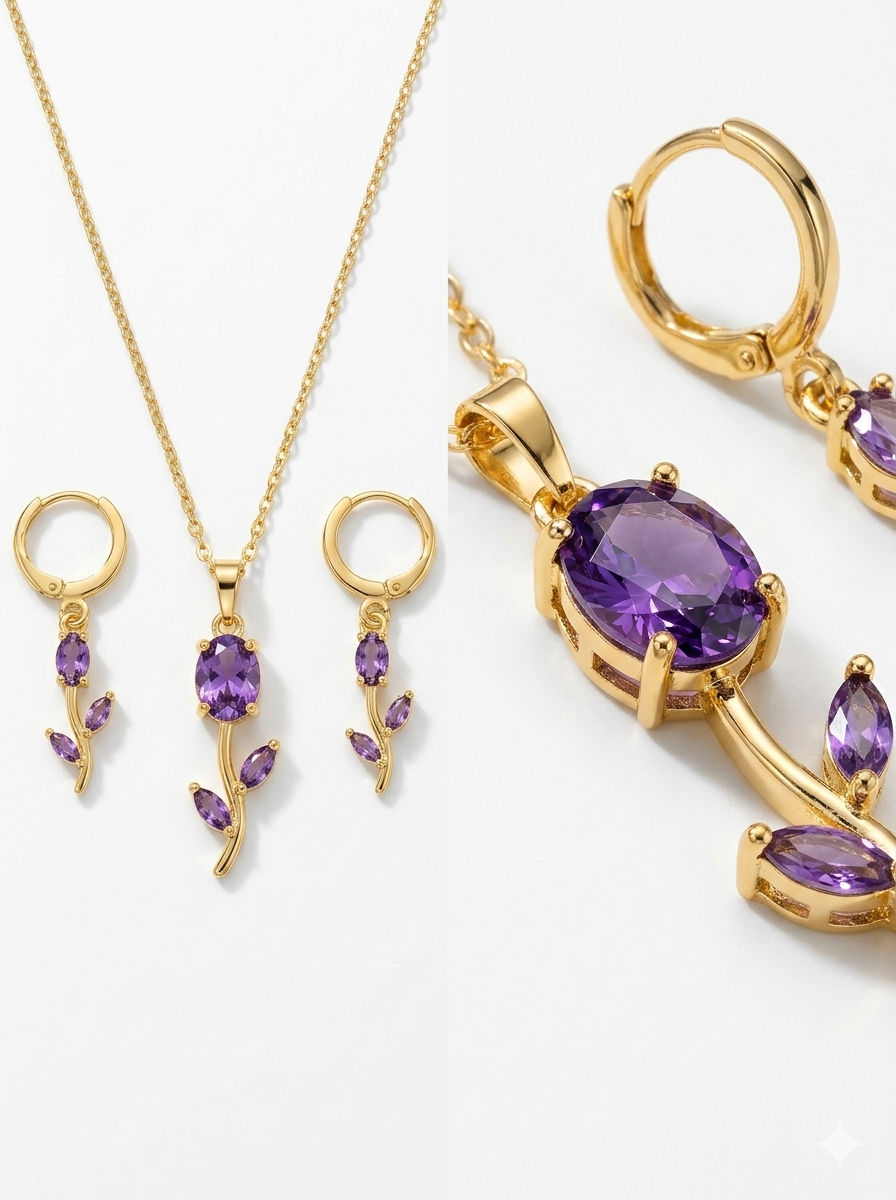 Gold-Plated Purple Crystal Tulip Flower Jewelry Set