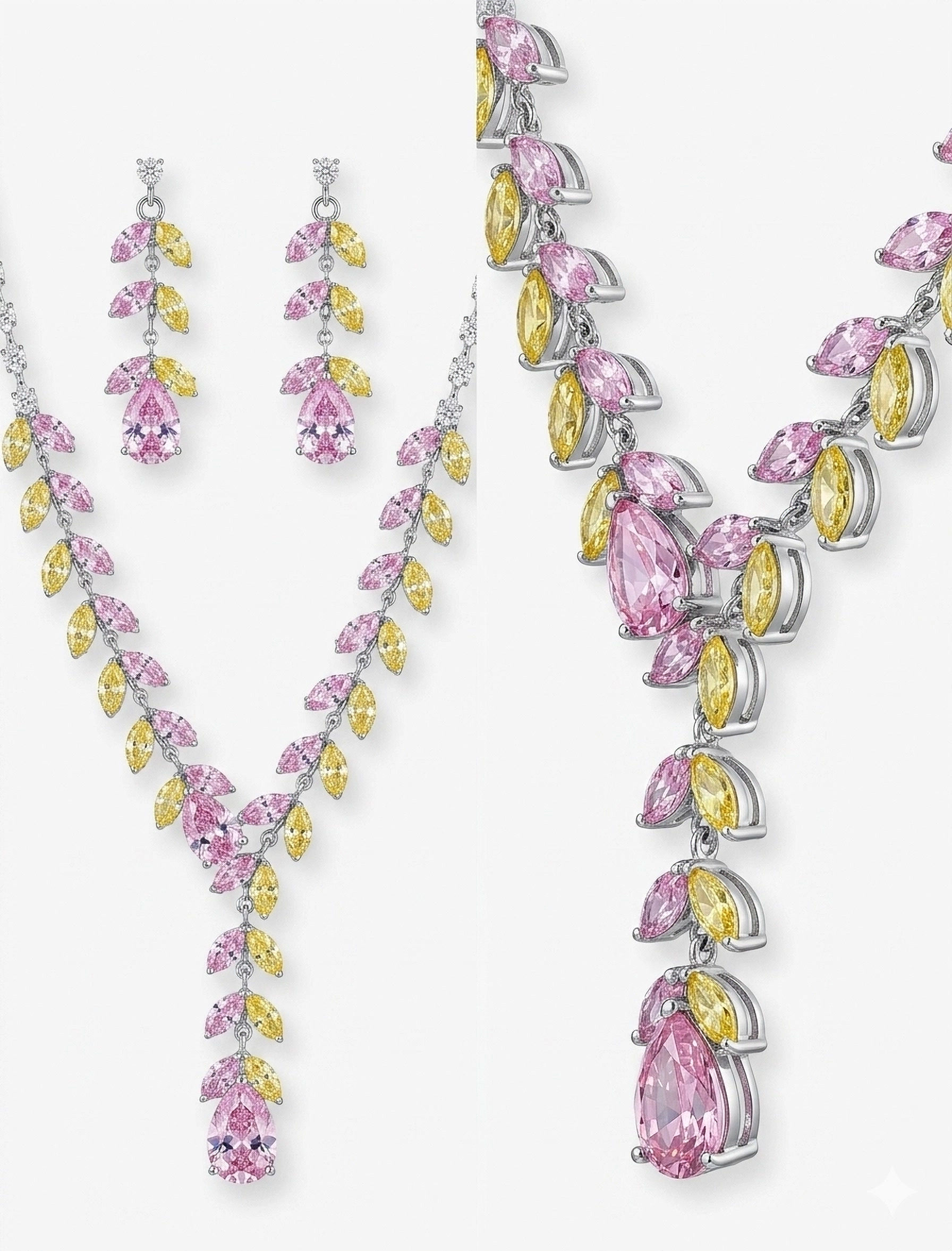 𝕿𝖎𝖆𝖗𝖆 1 OF 1 Pink and Yellow Crystal Leaf Tassel Necklace and Earring set