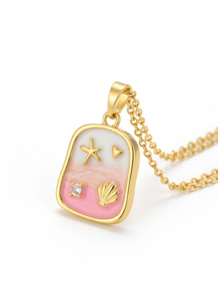 Pink Ocean Shell Enamel Pendant Necklace