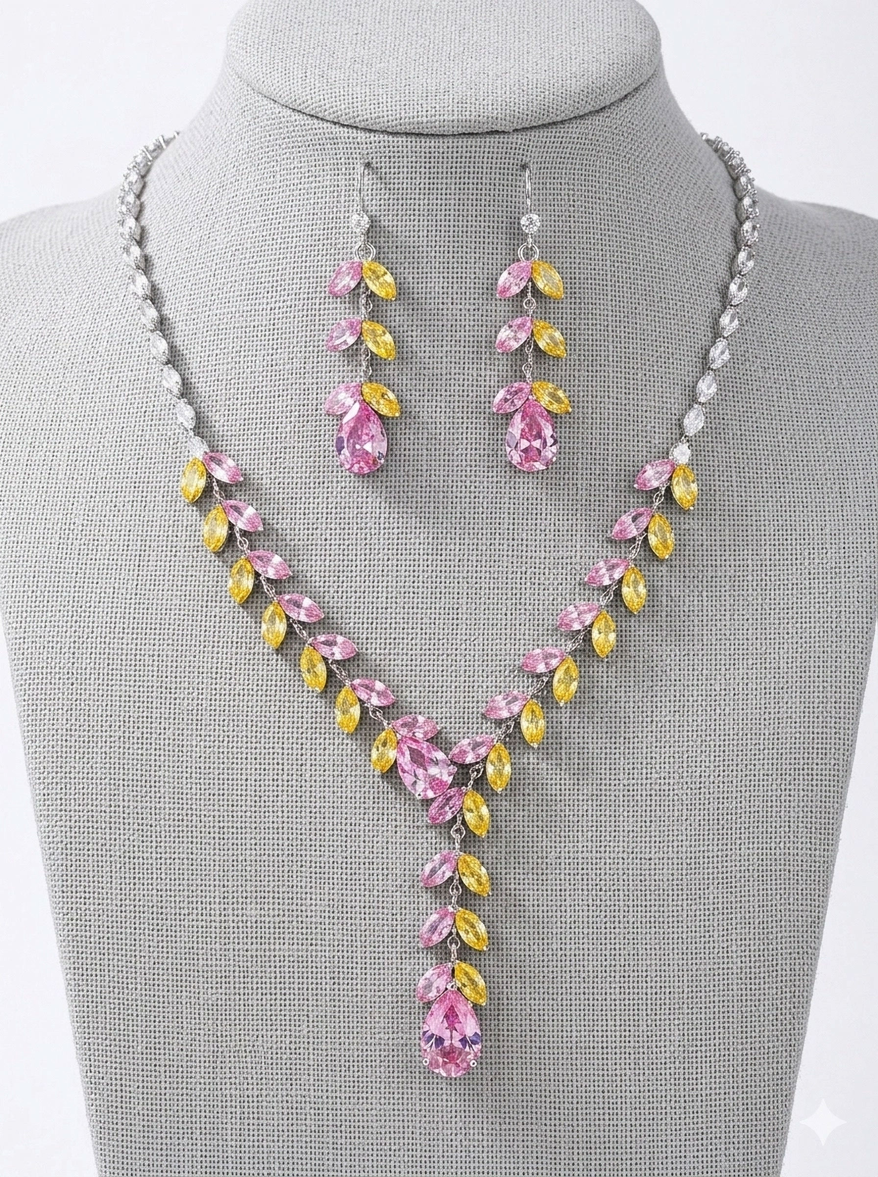 𝕿𝖎𝖆𝖗𝖆 1 OF 1 Pink and Yellow Crystal Leaf Tassel Necklace and Earring set