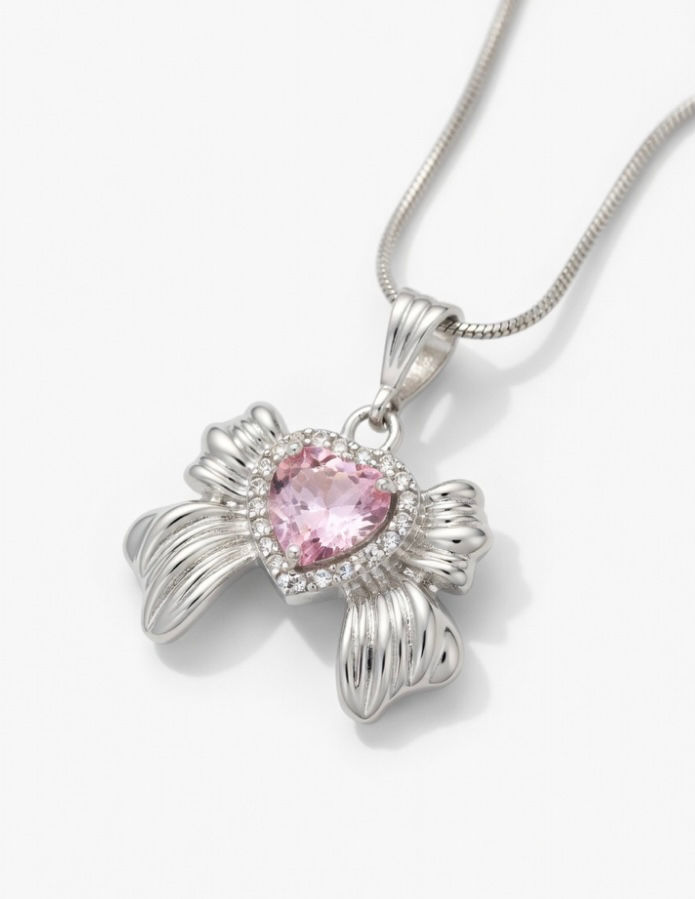 Silver Pink Heart Ribbon Bow Pendant Necklace