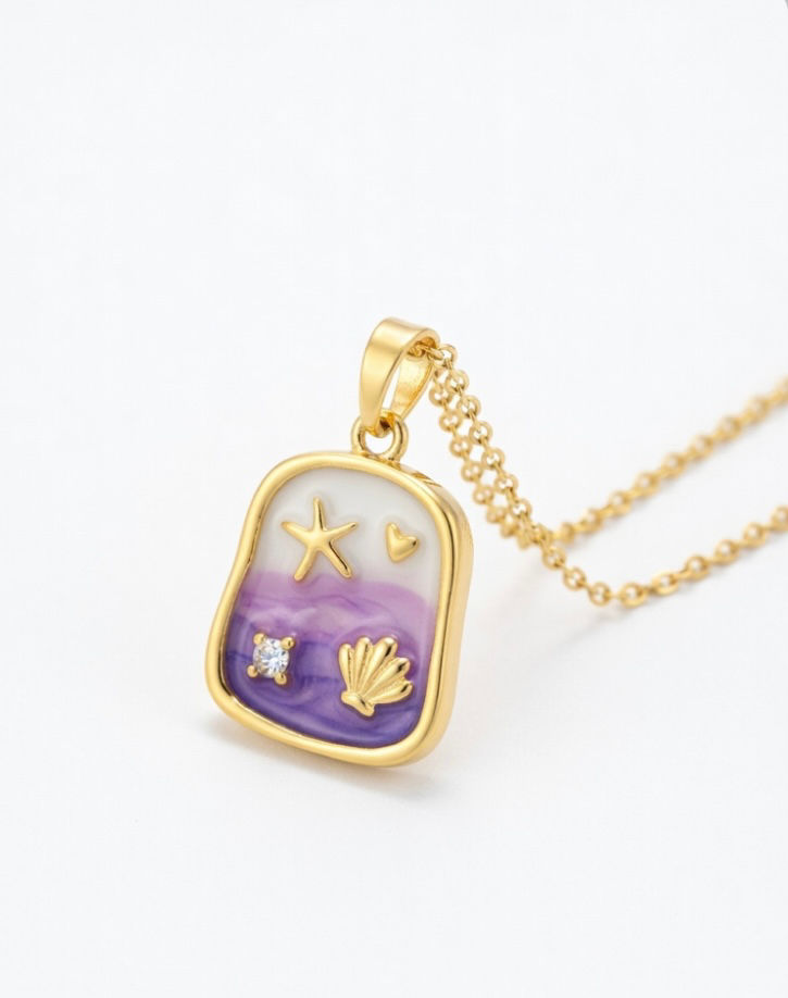 Purple Ocean Shell Enamel Pendant Necklace