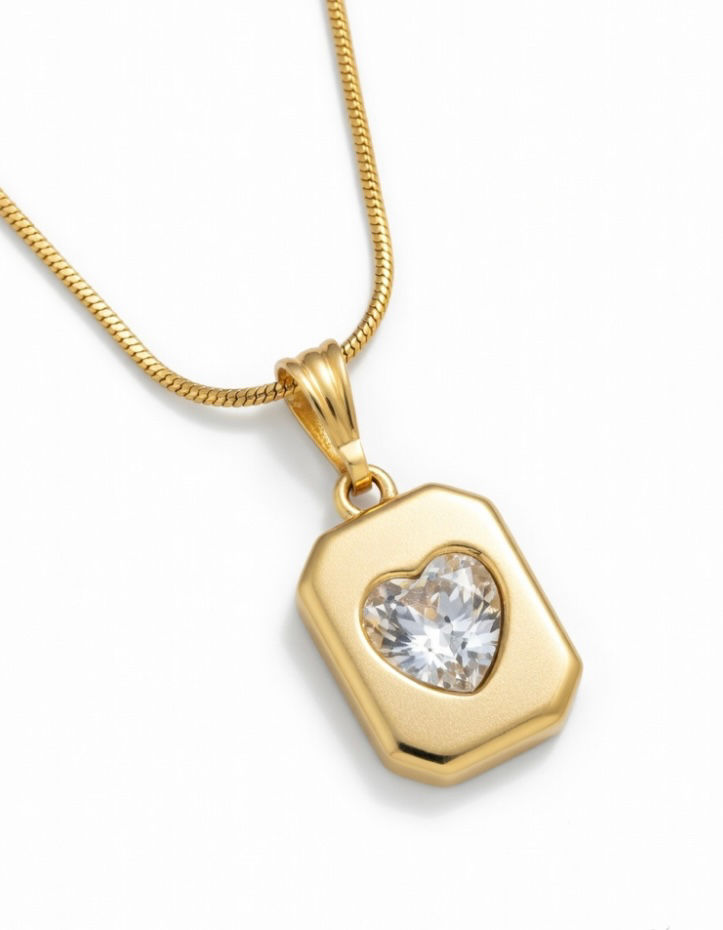 Golden Heart Crystal Tag Pendant Necklace