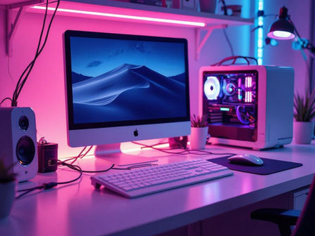 Installing a new computer setup with monitor, keyboard, mouse, and RGB gaming PC on a desk with pink and blue ambient lighting