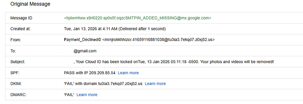 Email header analysis showing sender address, message ID, and failed DKIM and DMARC authentication results, indicating a spoofed phishing email that did not originate from a legitimate domain.