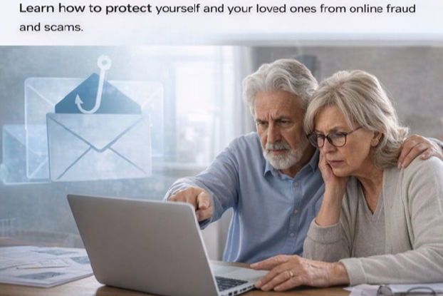 Senior couple reviewing a suspicious email on a laptop, illustrating online scam awareness and fraud prevention education for seniors in Houston provided by Houston Tech Guys.