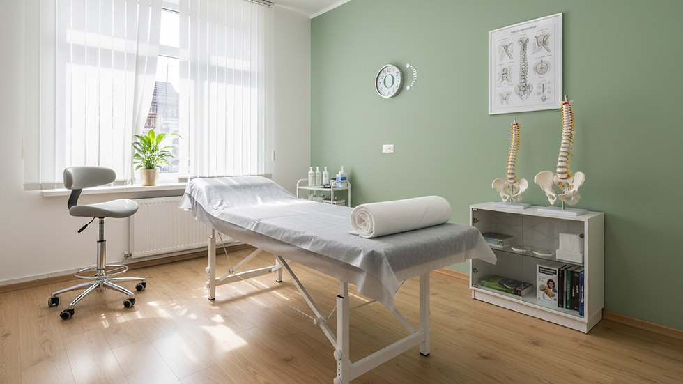 Eye-level view of osteopathy clinic treatment room with treatment table