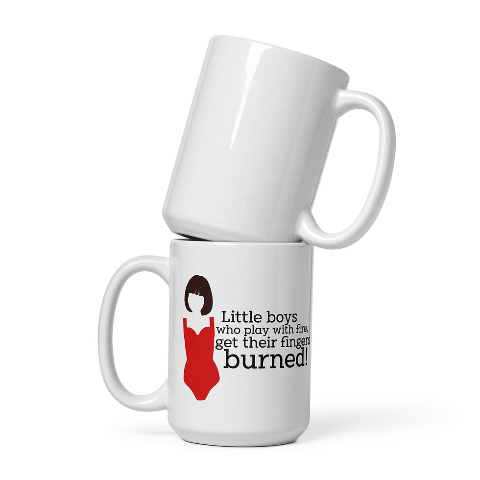 Thumbnail: Mamma Mia Tanya Little Boys Who Play With Fire White glossy mug