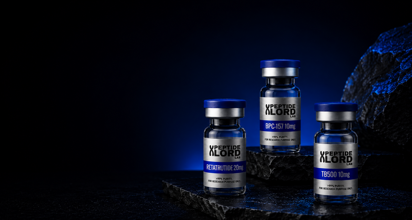 Research peptide vials displayed on a black stone background with blue lighting.