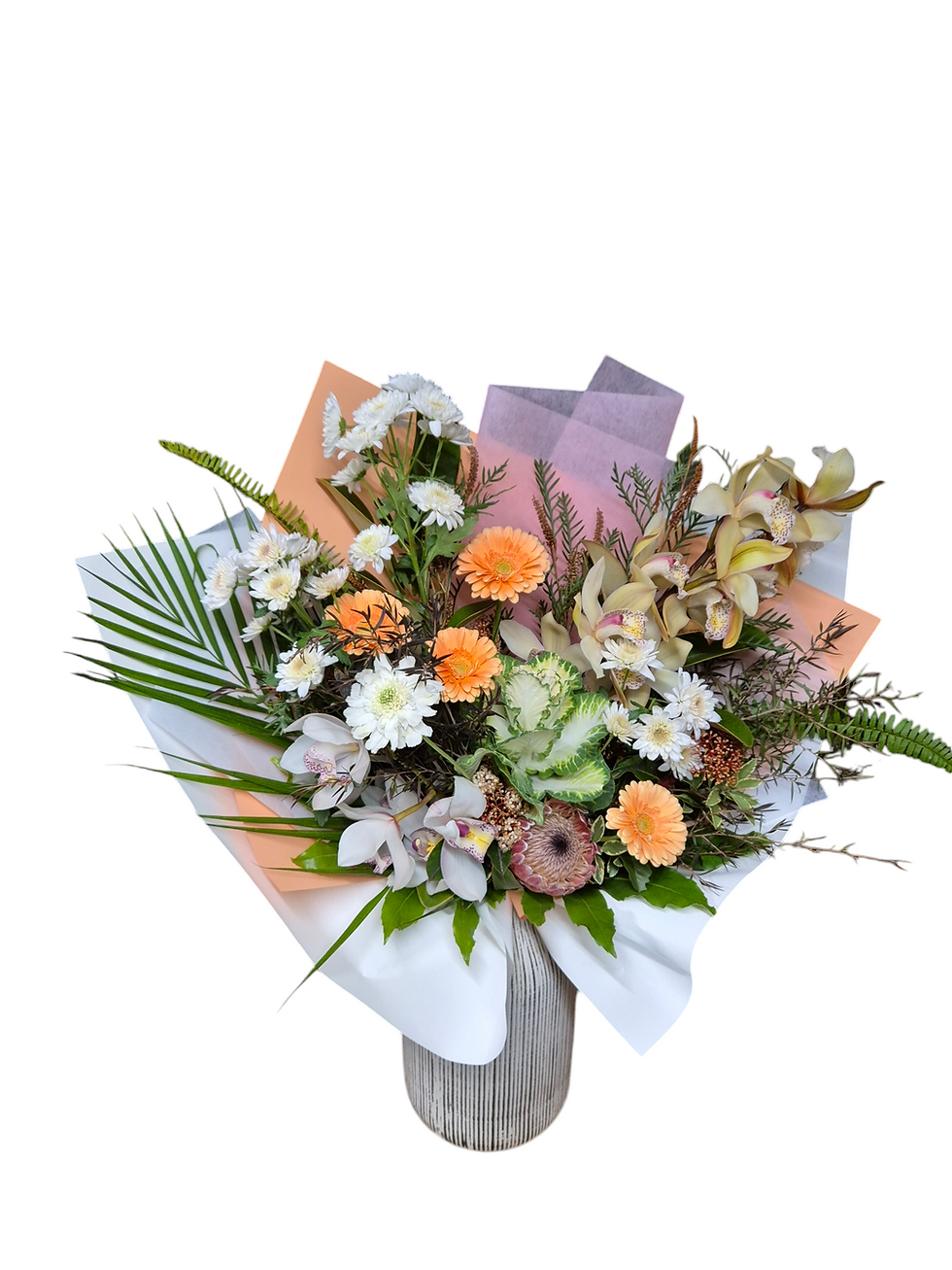 Thumbnail: A floral bouquet made with white, peach and orange flowers with green foliage, wrapped in matching paper and ribbons.