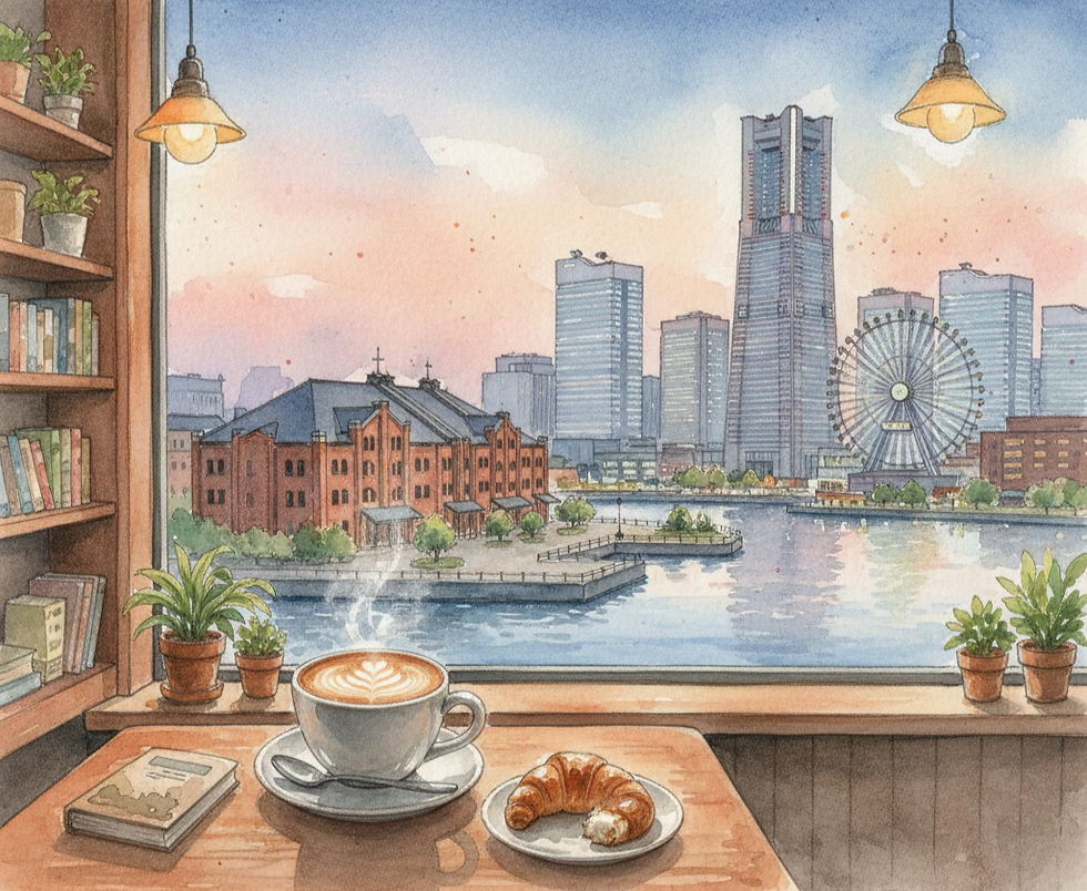 窓辺のカフェでラテとクロワッサン、本と観葉植物。港の水辺越しに赤レンガ倉庫と高層ビル、観覧車が見える穏やかな朝景