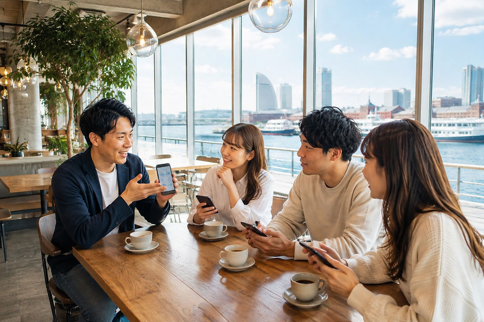 横浜で生成AIを学べるコミュニティでスマホを見せ合い交流する男女
