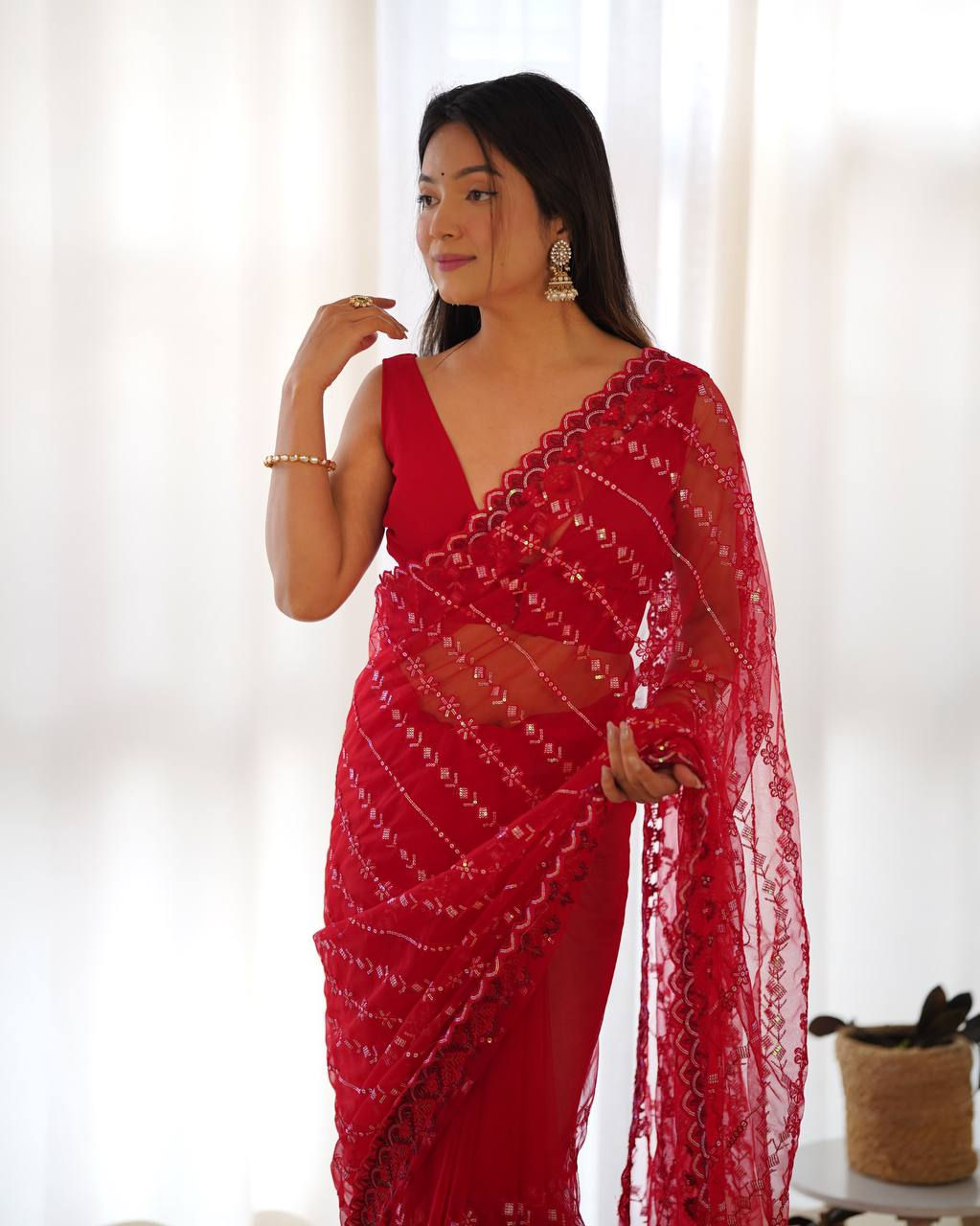 Red Sequence saree
