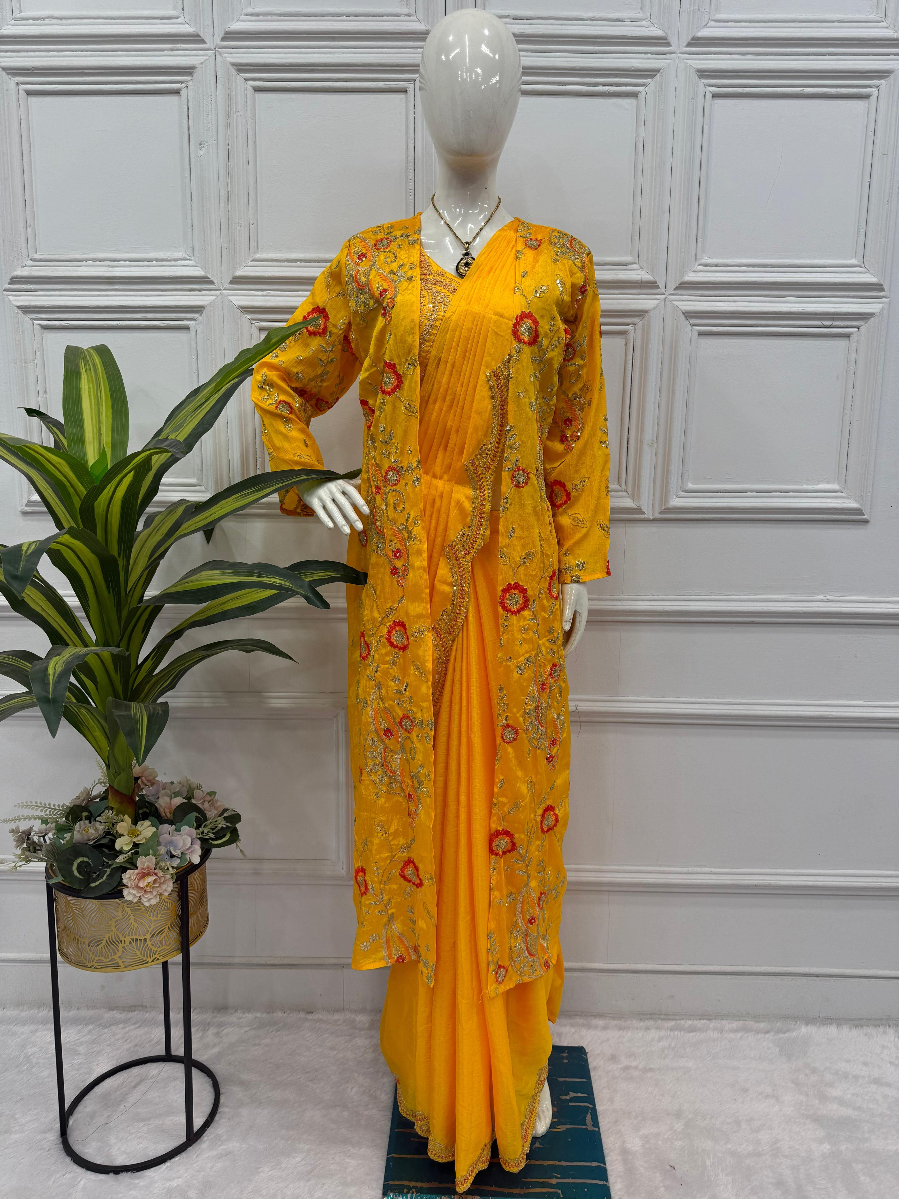 Drape saree with long shrug