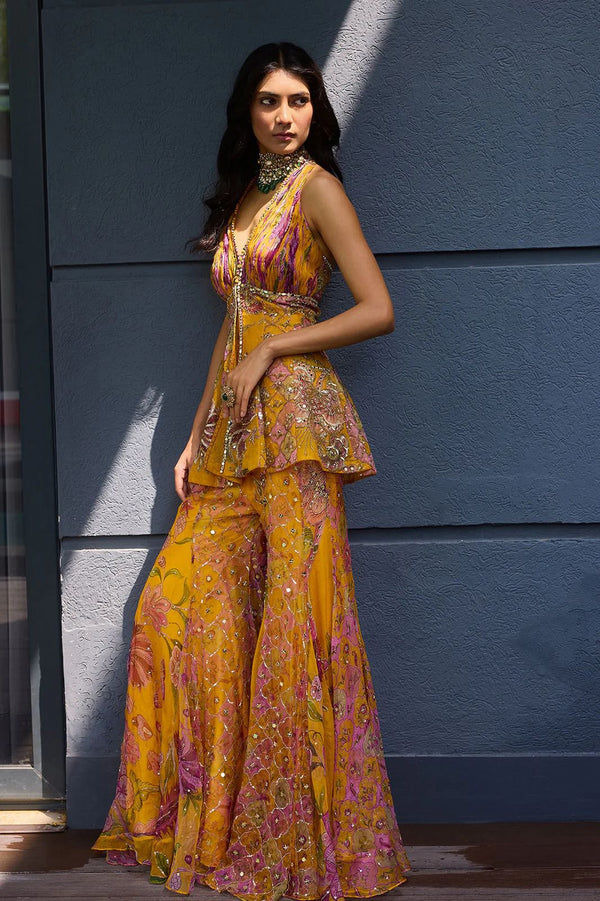 Kesar yellow Organza Top and Plazoo