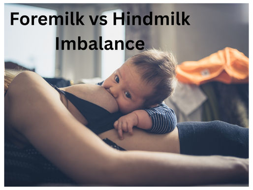 Calm picture of baby breastfeeding with mom laying on her back and baby draped over her. Mom's head and lower body out of picture. Text on image says: Foremilk vs Hindmilk Imbalance