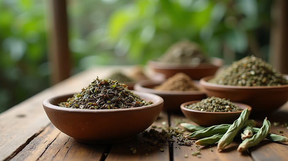 Eye-level view of dried Bali herbs arranged in bowls on a rustic table
