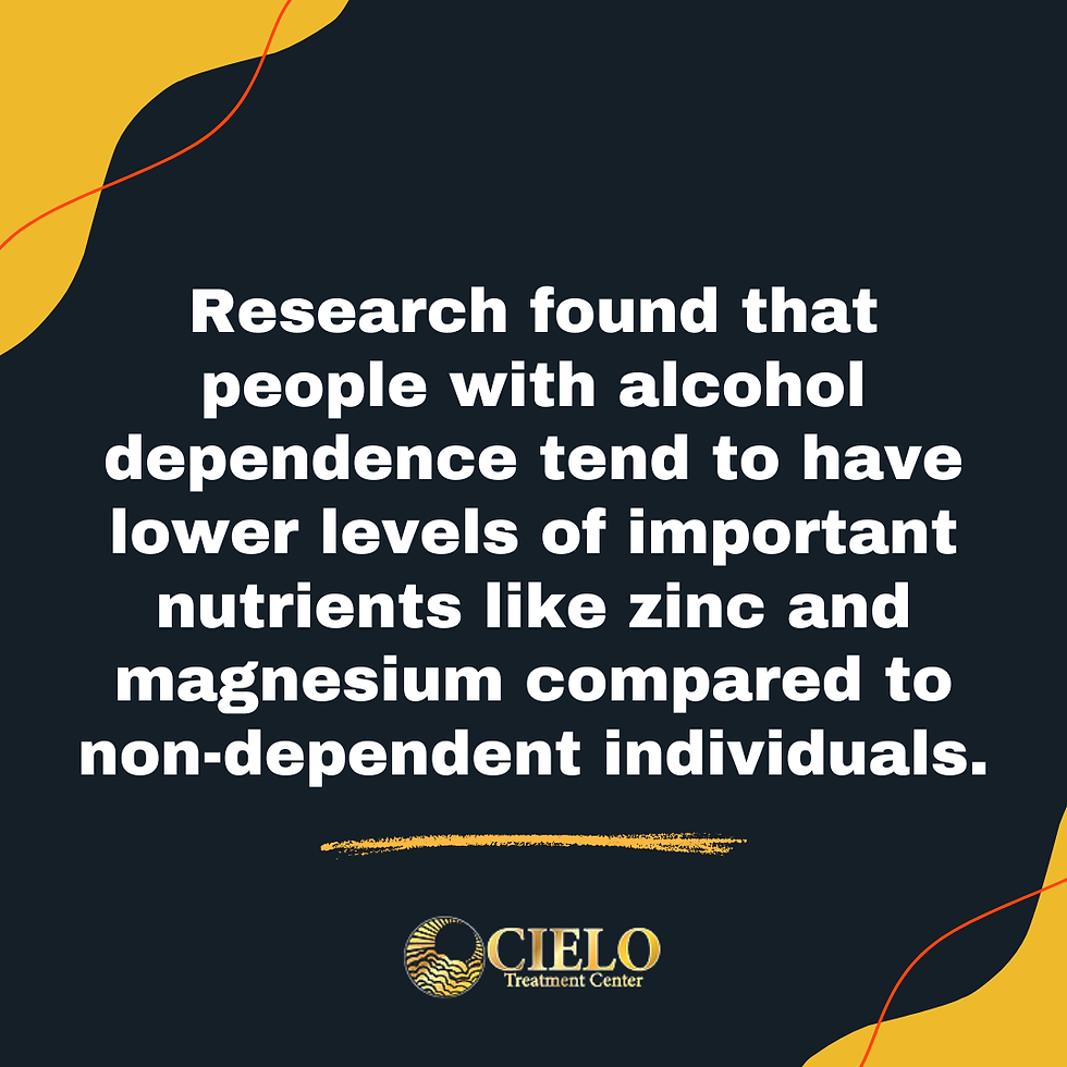 A graphic image showing research that people with alcohol dependence have lower zinc and magnesium levels, highlighting the impact of proper nutrition in one’s recovery from alcoholism
