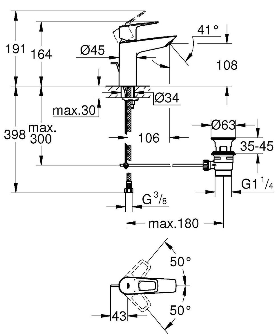 Миниатюра: Смеситель для раковины GROHE BauLoop с рычажным донным клапаном (23762001)
