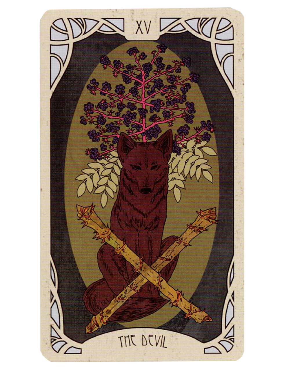 A tarot card with a red fox sitting under a berry tree, crossed sticks, and "XV The Devil" text. Earthy tones and ornate border.