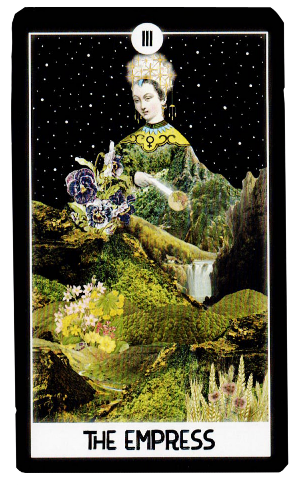 A tarot card featuring "The Empress." A serene woman with stars above her, surrounded by lush greenery, flowers, and a waterfall.