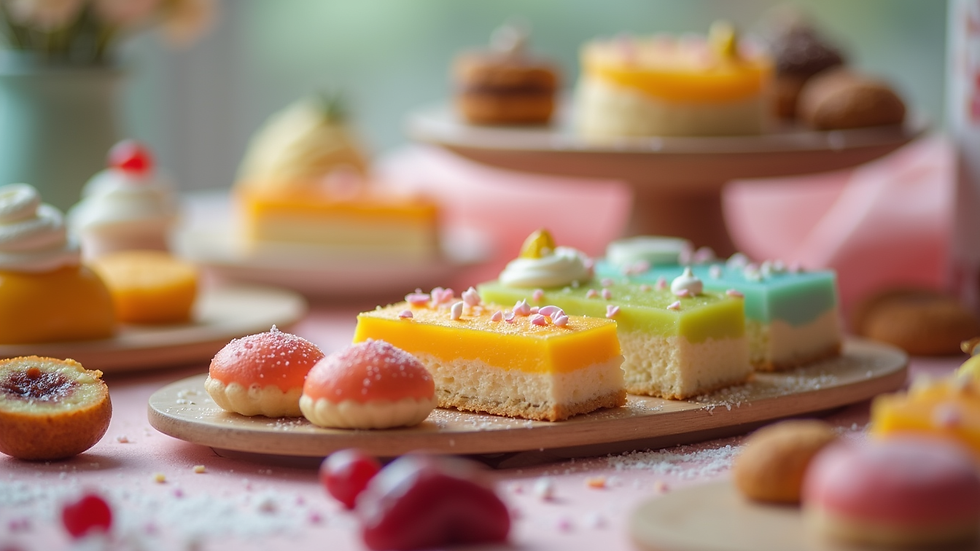 Close-up view of a colorful dessert table with various sweets
