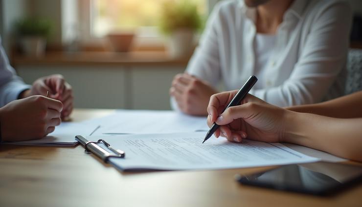 Close-up view of a real estate agent reviewing contract documents with a client