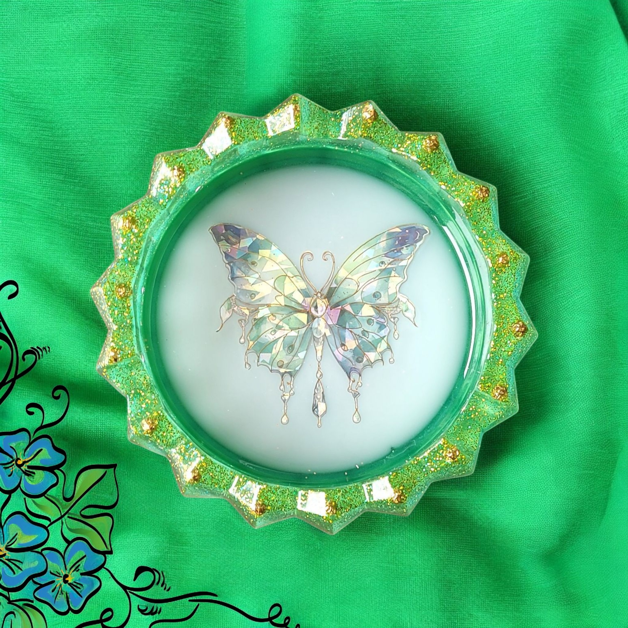 Green Butterfly Round Trinket Dish