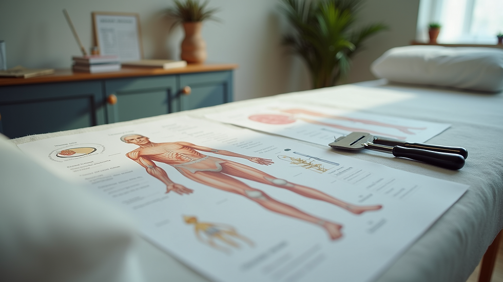 Close-up view of massage tools and anatomy charts on a training table