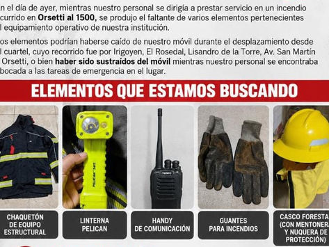 Bomberos de Granadero Baigorria piden colaboración para recuperar elementos de su equipamiento