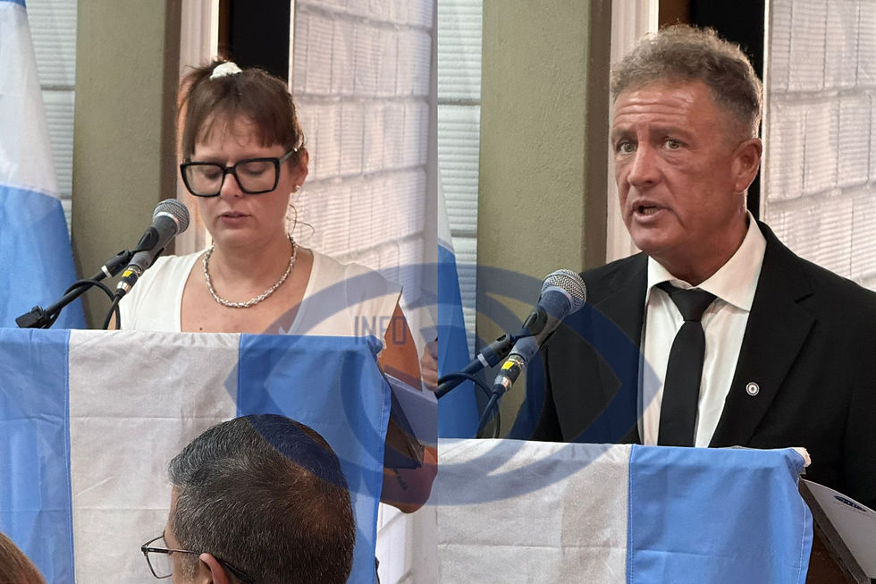 La presidenta del Concejo, Marianela Quiroga, y el intendente Daniel Cinalli, en los momentos de sus discursos. Foto: Jorge Chiappe.