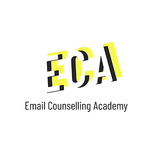 ECA logo. The letter ECA with Email Counselling Academy written underneath. Colours are black, yellow and white.