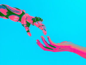 Pink robotic hand reaches toward an outstretched human hand on a bright cyan background, evoking connection