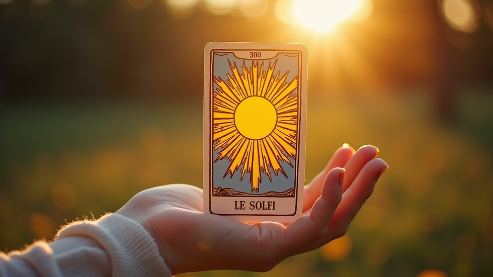 Vue rapprochée d’une main tenant une carte de Tarot Le Soleil, symbole de joie et d’énergie